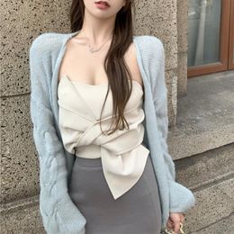 Women's Sweaters Autumn 2023 High Street Loose Casual Blue Cardigan Women Sexy Off-shoulder Bow Pleated All-match Camisole Two-piece SuitWom