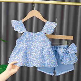 Summer Baby Girls Clothing Sets Kids Floral Flying Sleeve Vest and Cute Bow Denim Shorts Outfits Infant Sling Clothes Suits Y