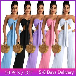 Women's Two Piece Pants Wholesale Clothes Summer Loose 2 Set Streetwear Women Strapless Crop Top And Wide Leg Bandage Party Club OutfitsWome