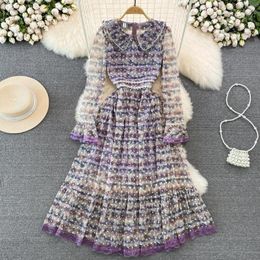 Casual Dresses Vintage Temperament Long-sleeved Doll Collar Retraction Waist Slimming Gauze Floral Dress