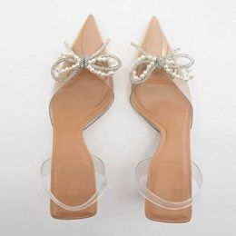 Sandals TRAF 2023 Slingbacks High Heels Women Transparent Pearl Pumps Shoes Woman Clear Bow Heeled Sandals Elegant Wedding Bride Shoe G230211