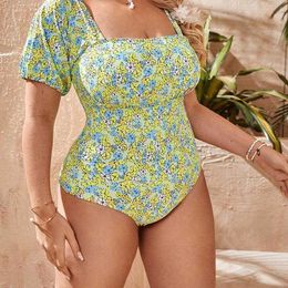 Siamese Plus Size Bikini Green Printing Tight Push Up Short Sleeve Fat Woman