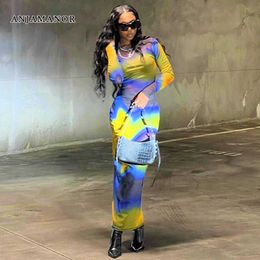 Casual Dresses ANJAMANOR Abstract Print Mesh Transparent Long Sleeve Maxi Dress Y2k Sexy Bodycon Dresses Night Club Outfits Spring 2023 D85CZ17 T230210