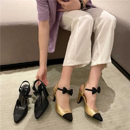 Sandals Gold Heels For Women Summer Party Shoes Designer Bowknot Ladies Pumps Black Suede Casual Slingback High Heels 7cm Soulier Femme G230211