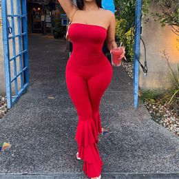 Women's Jumpsuits Rompers Women Strapless Bodycon Sexy Casual Jumpsuit Red Fashion Backless Rompers Stacked Flared Pants Streetwear Overalls 230210