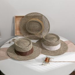 Wide Brim Hats Fashion Summer Women Seagrass Straw Hat Handmade Lady Sun With Colourful Ribbon Flat Top Boater Panama Beach Cap