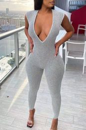 Women's Jumpsuits Rompers Deep V Neck Ribbed Long Jumpsuits Sleeveless Women Skinny Solid Army Green Bodycon Fashion Push Up Outfits 230210