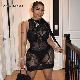 Casual Dresses ANJAMANOR Black Fish Net Mesh See Through Bodycon Dress Sexy Club Outfits for Women Summer 2023 Sleeveless Mini Dresses D85-AD10 T230210