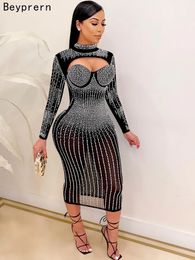 Party Dresses Beyprern Beautiful Mock Neck Crystal Midi Dress Womens Sparkle Black Mesh Party Dress Birthday Outfits Sexy Clubwear 230211