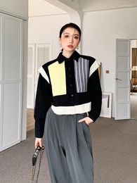 Women's Blouses Patchwork Contrast Colour Turn Down Collar Knitting Fashion Personality Elegant Blouse Coat 2023 Female Clothing G684