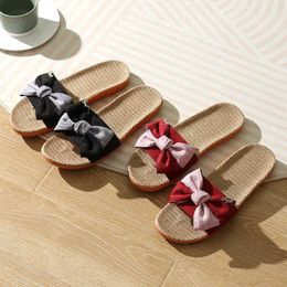 Slippers Polka Dot Bow Slipper Women Anti-Slip Linen Indoor Bedroom Home Slippers Breathable Flip Flops Female Casual Flax Slippers G230210