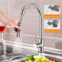 Kitchen Faucets Brushed Nickel Pull Out Sink Water Tap Deck Mounted Mixer Stream Sprayer Head Cold Taps Black Chrome