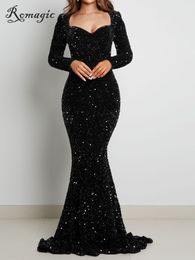 Party Dresses Luxury Black Long Sleeve Evening Gown Sequin Stretchy Velvet V Neck Mermaid Prom Floor Length Dress Burgundy Winter Robe 230210