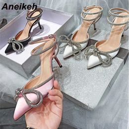 Sandals Aneikeh 41 42 PVC Style Glitter Rhinestones Women Pumps Crystal Bowknot Satin Lady Silk High Heels Party Shoes 2023 Spring NEW G230211