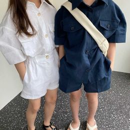 Clothing Sets South Korean summer new and girls' fashion handsome double pocket Lapel Shirt Shorts suit kids clothes boys