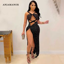 Casual Dresses ANJAMANOR Glitter Rhinestone Mesh Birthday Dress for Women See Through Cutout High Split Maxi Dresses Party Club Outfits D42FF26 T230210