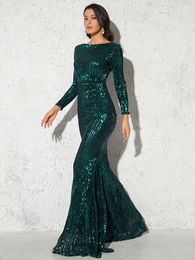 Party Dresses Modest Green Long Sleeve Mermaid Sequin Evening Gown Burgundy O Neck Stretch Wedding Party Formal Maxi Dress Winter Women 230210