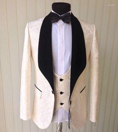 Men's Suits Custom Made Men Shawl Black Lapel Groom Tuxedos Beige Pattern Groomsman 3 Pieces ( Jacket Pants Vest Tie ) E454