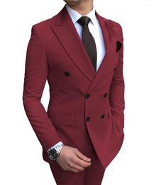 Men's Suits Burgundy Men's Suit 2 Pieces Double-breasted Notch Lapel Flat Slim Fit Casual Tuxedos For Wedding(Blazer Pants)