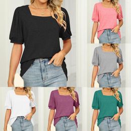 Women's T Shirts Women Square Neck Short Sleeve Puff Top Solid Colour Long Casual Fashion Shirt Thick