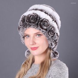 Beanies Beanie/Skull Caps Winter Women Flowers Striped Natural Real Rex Fur Hats Lady Warm Knit Genuine Russian Outdoor Oliv22