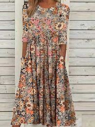 Casual Dresses Casual Round Neck Half Sleeve Summer Dress Vintage Floral Printing Midi Dresses Ladies Fashion Women Office Loose Harajuku Dress T230210