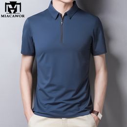 Men's Polos Classic Solid Colour Shirt Men Silk Cotton Summer Short Sleeve Tee Shirts Homme Slim Fit Casual Zipper Camisa T1014 230211