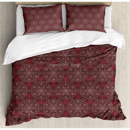 Bedding sets Maroon Duvet Cover Set Detailed Ornate Flowers Curves Swirls Petals Dusky Victorian Garden Decorative 3 Piece wit 230210