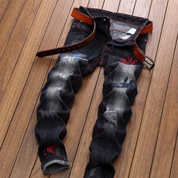 Men's Jeans Fashion Designer Casual Denim Ripped Pants High Quality Long Plus Size Men Straight Black Embroidered Big 230211