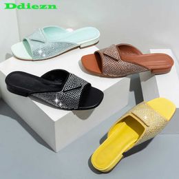 Slippers Women Slippers Low Heels 2023 New In Gladiator Casual Rhinestones Flip Flops Slides Outside Fashion Luxury Modern Female Shoes G230210