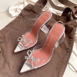 Sandals Designer Women Pumps Crystal PVC Transparent Pointed Toe Rhinestone Bowtie High Heels Wedding Shoes Clear Heel Slingbacks Pumps G230211