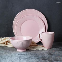 Plates Nordic Ceramic Tableware Embossed Soup Bowl Dish Plate Creative Personality Set Pink Household Steak Dinner