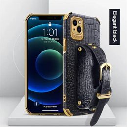 Watch Wristband Bracket cases For iPhone 13/14 Holder Plating Edge Crocodile Pattern Leather Cover For S10/S20/S21/S22/S23
