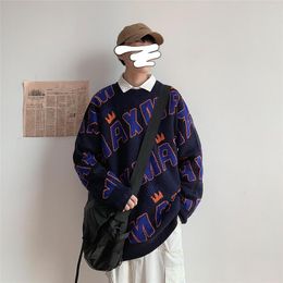 Men's Sweaters Autumn Winter Men Sweater Letter Print Pullover Korean Style Purple Crew-neck Tops Streetwear Harajuku MenClothes Casual