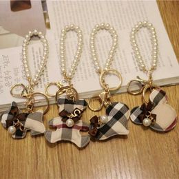 Key Rings hand-made plaid bear key love Simulation Pearl bag Jewellery keychain women bag charm llaveros pompom G230210