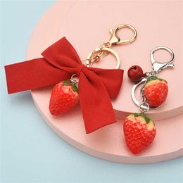Key Rings Strawberry Red Bowknot Keychain Keyring For Women Girl Jewellery Simulated Fruit Cute Car Key Holder Friend Gifts G230210