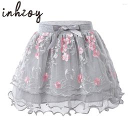 Stage Wear Kids Girls Dance Costume Ballet Tutu Skirt Embroidered Flowers Princess Party Tulle Performance Dancewear Skirts