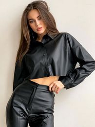 Women's Blouses 2023 Autumn Winter Women Long Sleeve Solid Black Ladies Short Crop Leather Blouse Shirt For Woman Female