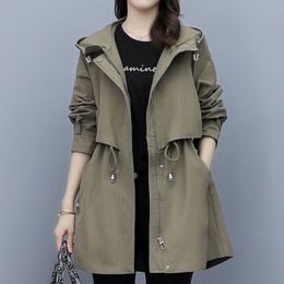 Women's Trench Coats Spring and Autumn Women's Mid-length Trench Coat Hooded Zipper Tie-in Jackets British Style Loose Coats Women's Clothing 230210