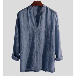 Men's Casual Shirts Fashion Vintage Cotton Linen Shirt Men Long Sleeve Oversize Tops Camisa V Neck Boho Style Mens Plus Size TeesMen's