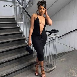 Casual Dresses ANJAMANOR Sexy Deep V Neck Halter Midi Dresses for Women Fashion 2023 Summer Club Solid Ribbed Backless Bodycon Dress D27-BG28 T230210