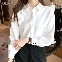 Women's Blouses Shirts Elegant Fashion Korean White Long Sleeve Covered Button Comfortable Blouses Straight Loose Wild Solid Colour Shirt Women Clothing 230211