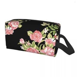 Cosmetic Bags Black And Pink Floral Travel Bag For Women Red Rose Flowers Makeup Toiletry Organiser Lady Beauty Storage Dopp Kit