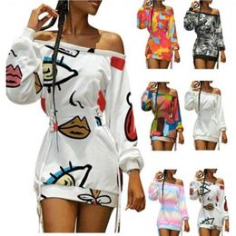 Casual Dresses Spring Summer Street Ladies Dress Sexy One-shoulder Graffiti Print Tight-waist Long-sleeved Lace-up Sweater DressCasual