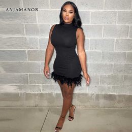 Casual Dresses ANJAMANOR Sexy Sleeveless Bodycon Short Dresses with Feathers Winter Fashion Women Black Dress Nightclub Outfits D82-CD16 T230210