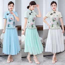 Two Piece Dress Ladies Cheongsam Two-piece Suit Summer Mom Women's Chinese Style Short-sleeved Shirt Skirt Fashion Elegant Slim