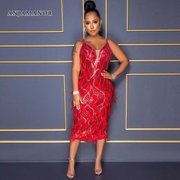 Casual Dresses ANJAMANOR Sexy Red Feather Sequin Bodycon Long Dresses for Women Birthday Party Evening Gowns Luxury Ladies Clothing D57-GF29 T230210