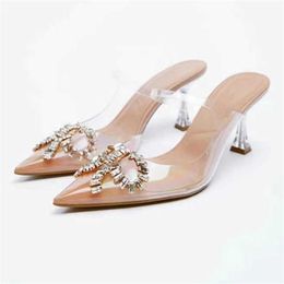 Sandals TRAF 2022 Sparkly Bow Transparent Heels Women Fashion Pointed Toes Slingbacks Sandals Woman Elegant Thin Crystal Pumps New G230211