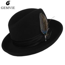 Wide Brim Hats Classical Jazz Cap Pure Wool Fedoras Men Felt Hat With Beauty Feather Male Vintage Curved Woollen Billycock Top