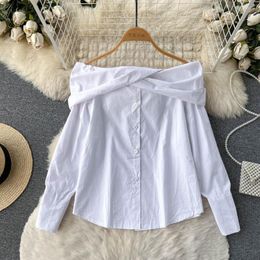 Women's Blouses Chic Women Spring Autumn White Shirt Trendy Off The Shoulder Single Breasted Long Sleeve Casual Female Blouse All Matched